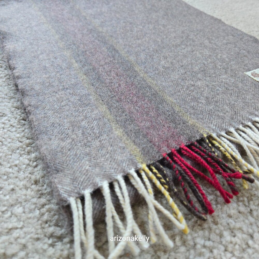 NWOT Wool Herringbone Scarf Brown with Burgundy & Yellow Stripe - Picture 7 of 11